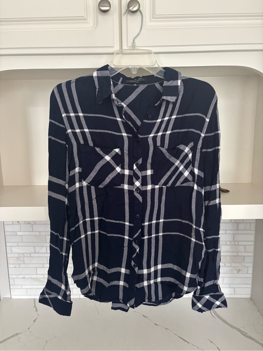 Romeo & Juliet Couture Navy and White Plaid Button-Down Shirt